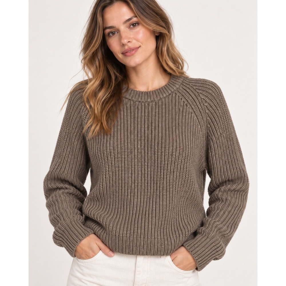 New Quince Organic Cotton Fisherman Sweater Brown Ribbed Knit Crew Neck Medium